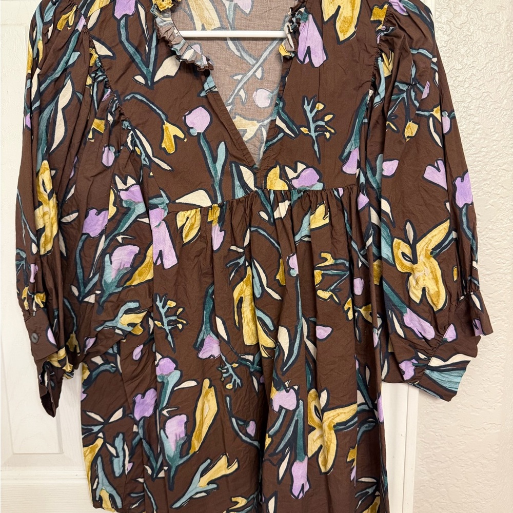 Entro Brown Floral Blouse with Yellow and Purple Accents